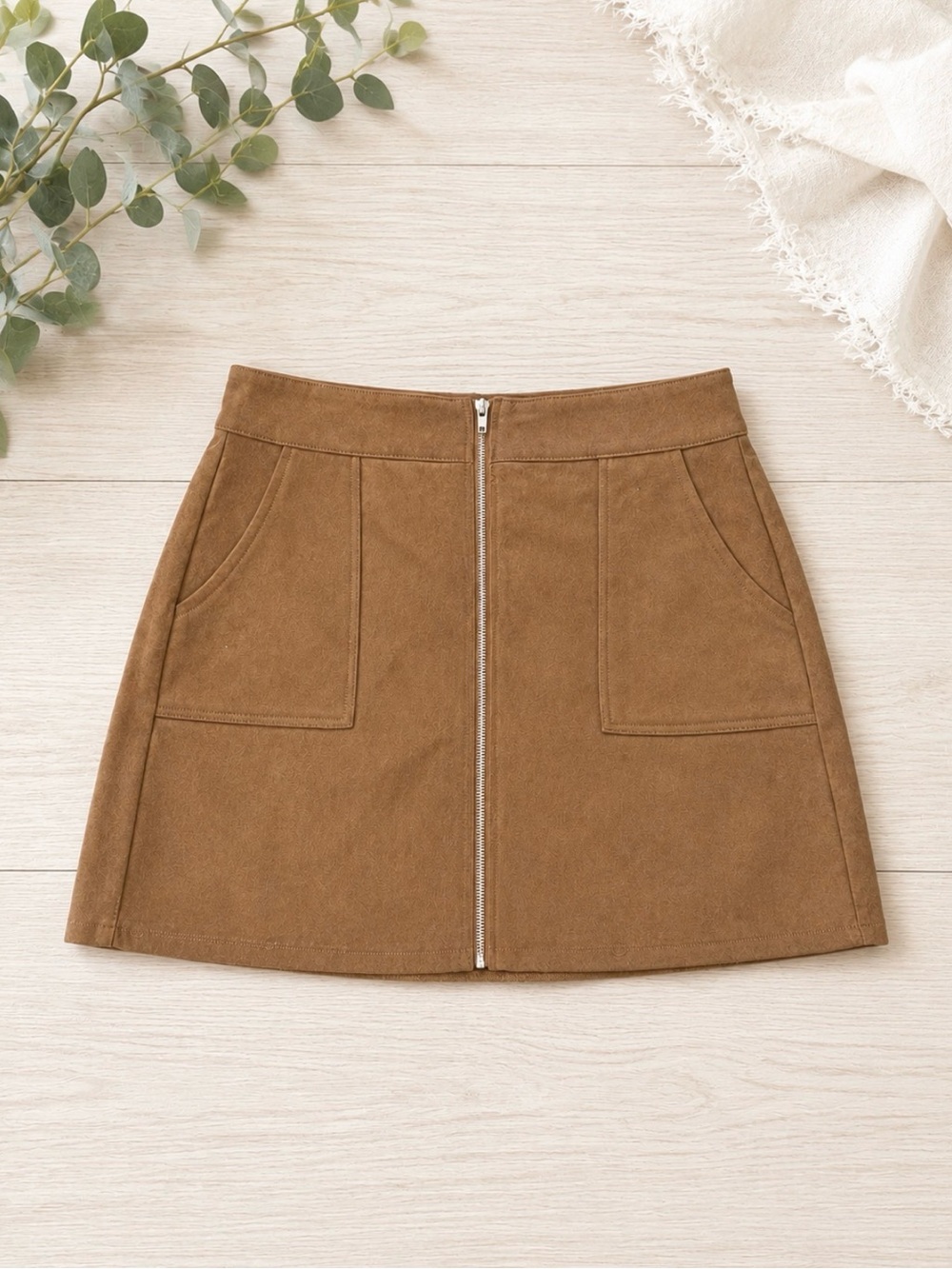 🤎 Maurices Faux Suede Zip Front A-Line Mini Skirt Women’s Size 14 Camel Brown